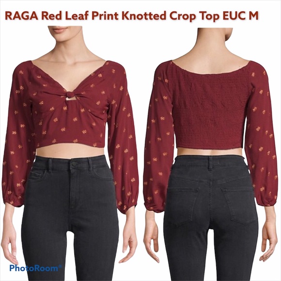 Uo Raga Red Leaf Print Knotted Crop Top $97 Euc M